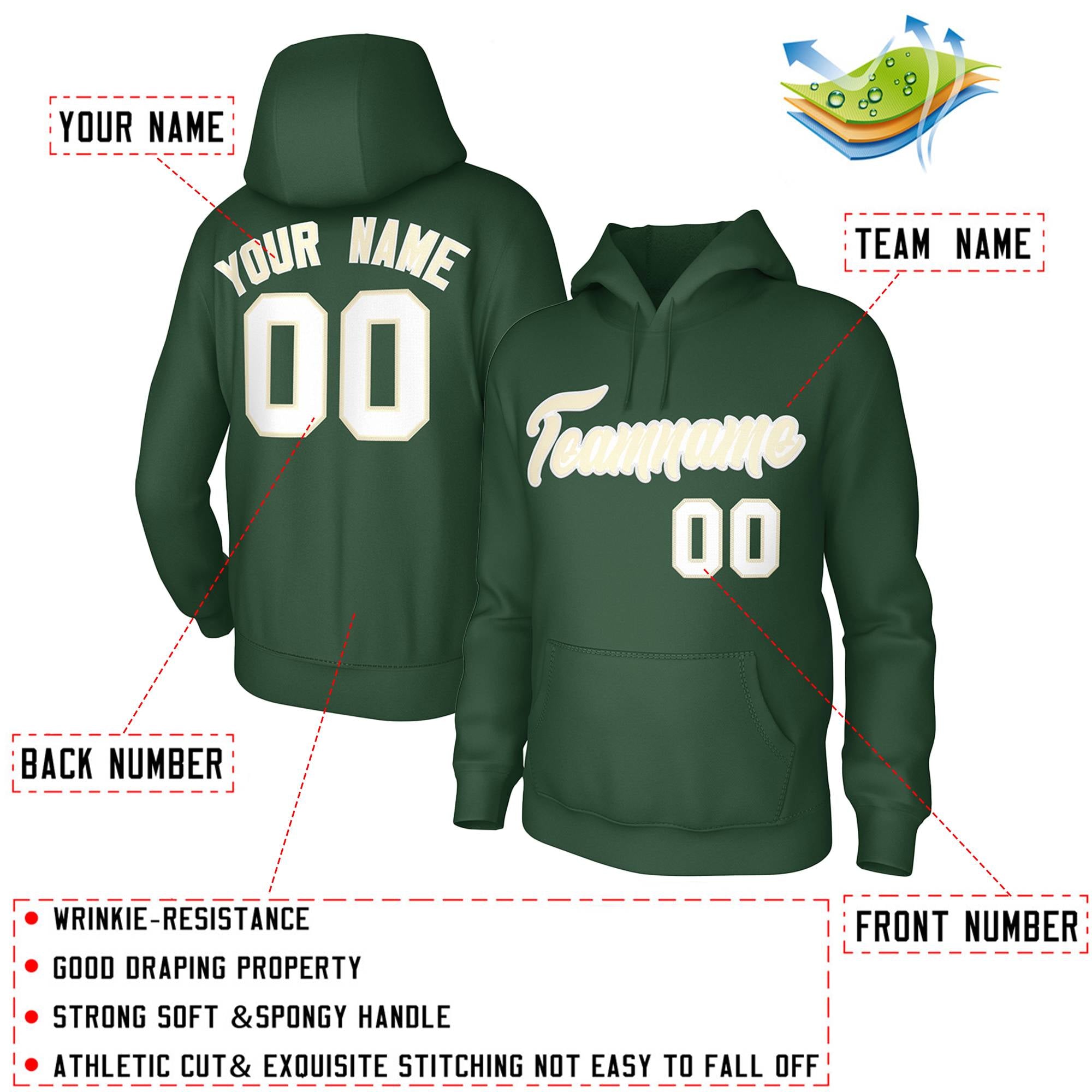 Custom Green White Classic Style Personalized Uniform Pullover Hoodie