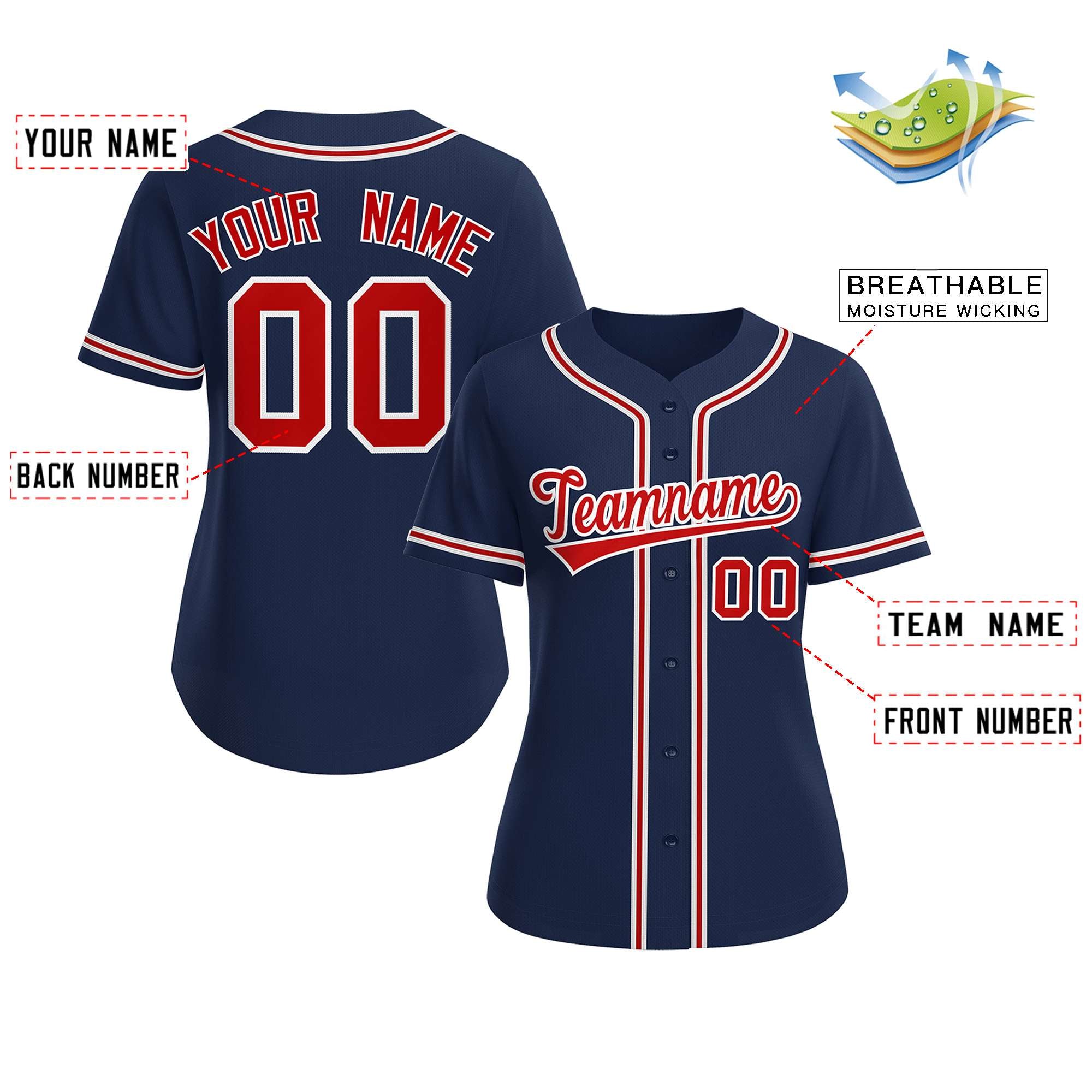 Custom Navy Red-White Classic Style Baseball Jersey For Women