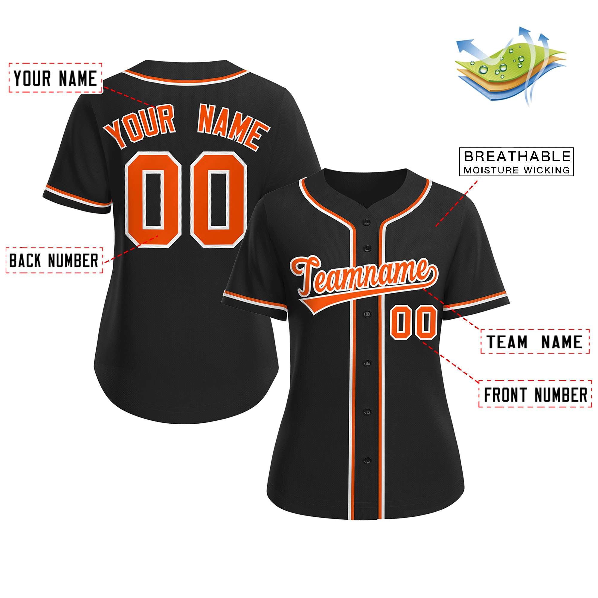 Custom Black Orange-White Classic Style Baseball Jersey For Women