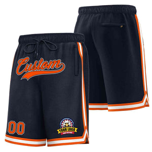 Short de basket-ball en maille de style classique, personnalisé, bleu marine, orange-blanc