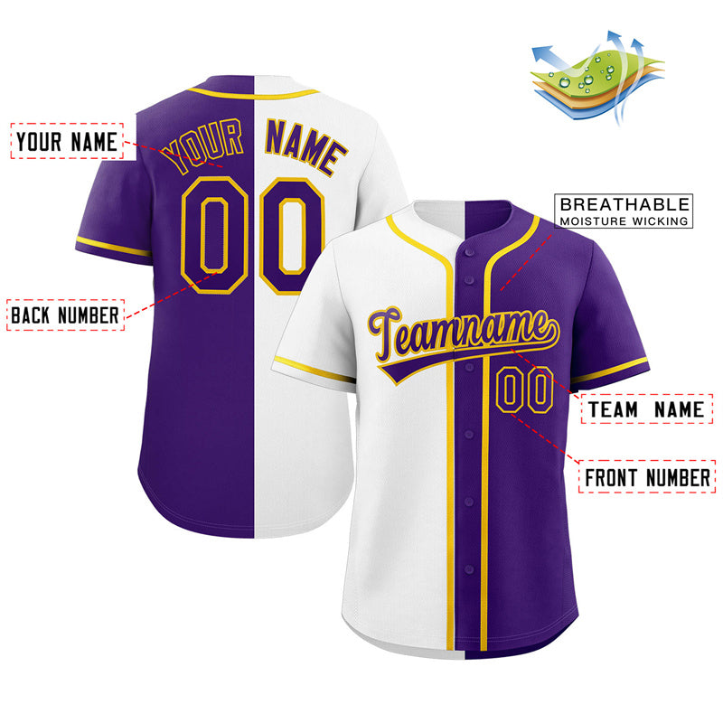 Maillot de baseball authentique, personnalisé, violet, blanc et jaune, mode fendue