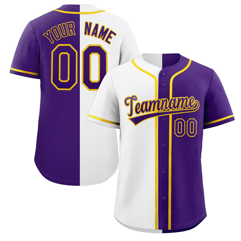 Maillot de baseball authentique, personnalisé, violet, blanc et jaune, mode fendue