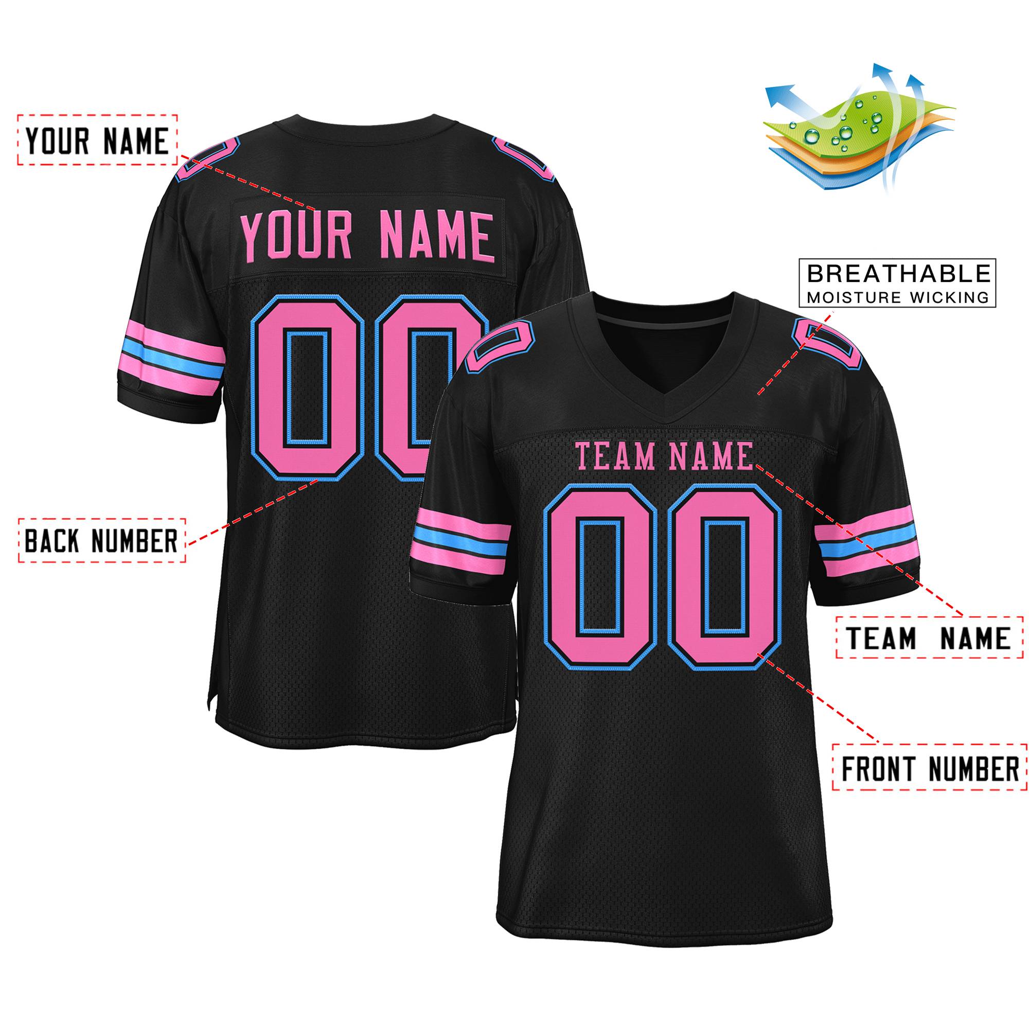 Custom Black Pink-Powder Blue Classic Style Authentic Football Jersey