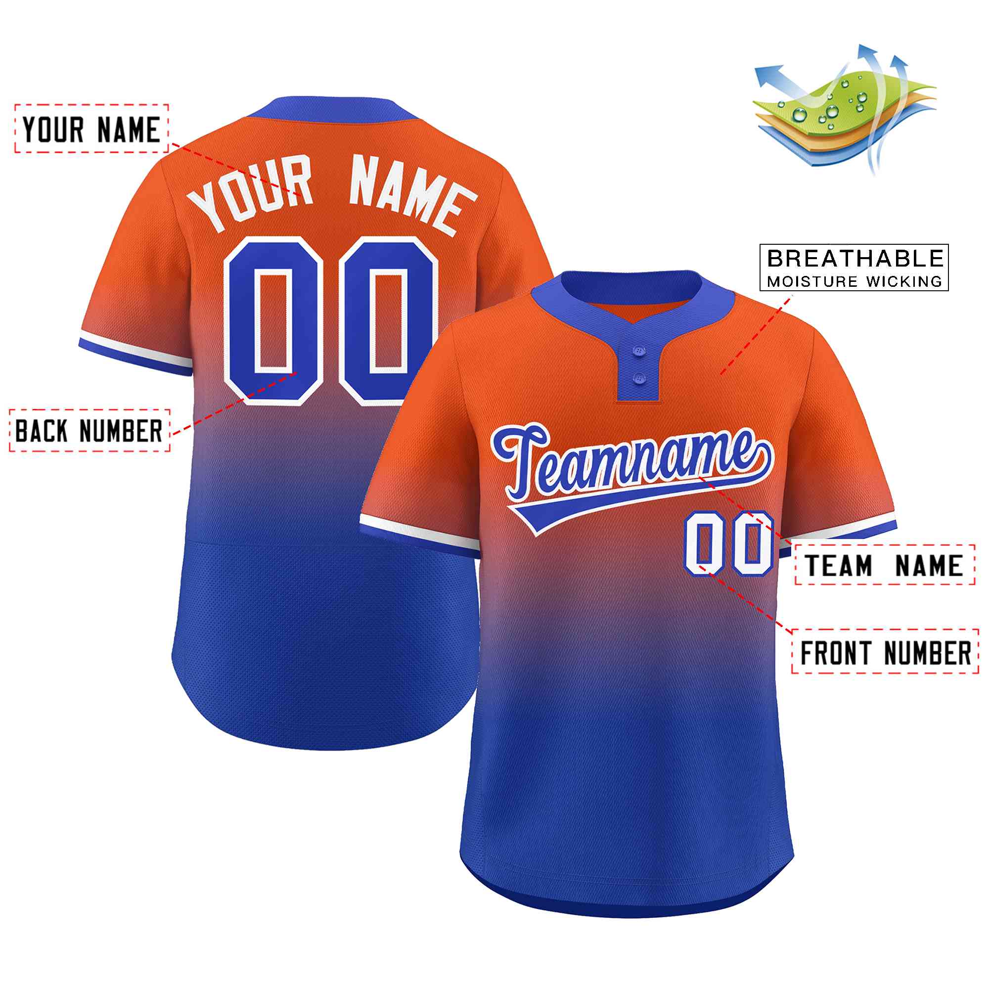 Custom Orange Royal Royal-White Gradient Fashion Authentic Two-Button Baseball Jersey