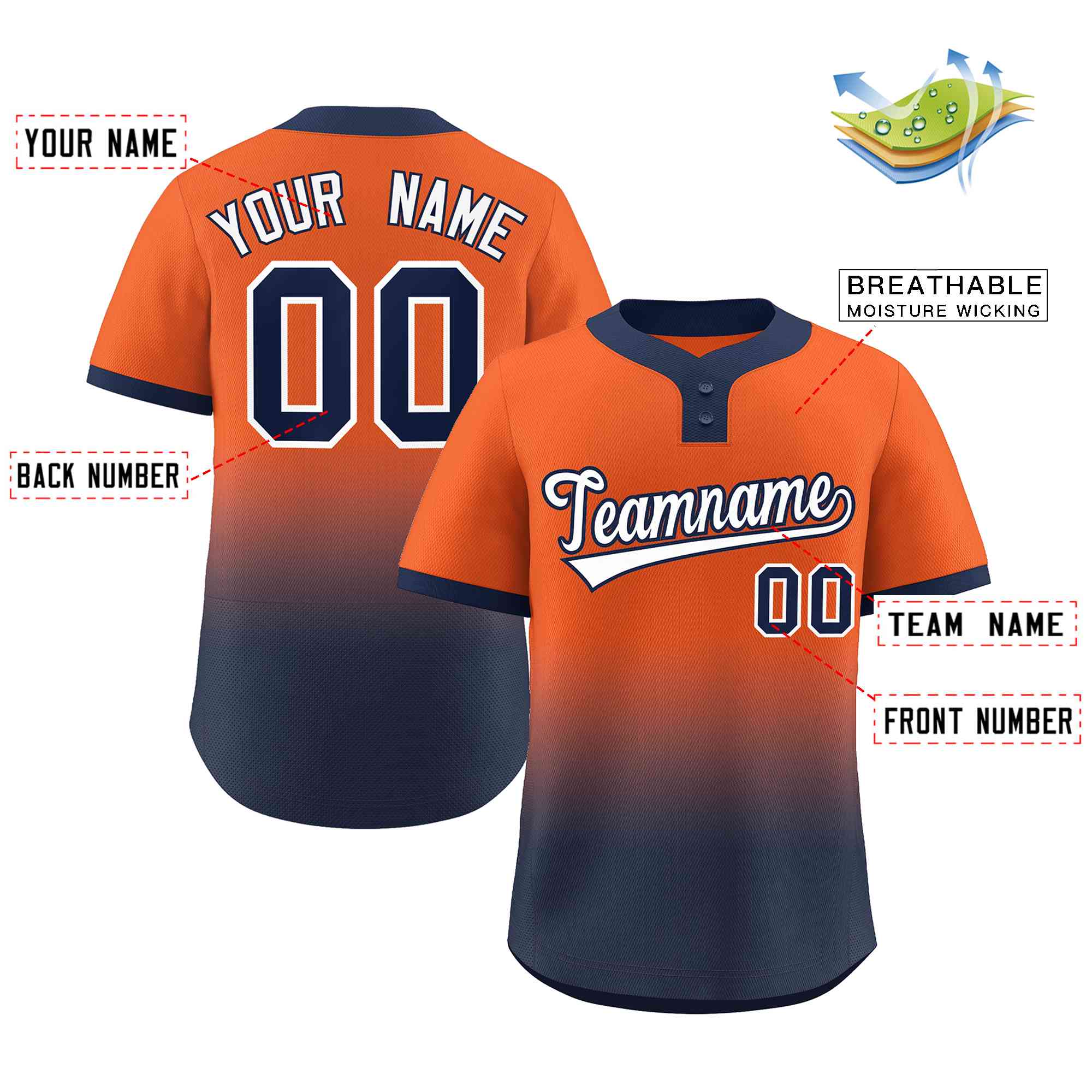 Custom Orange Navy White-Navy Gradient Fashion Authentic Two-Button Baseball Jersey