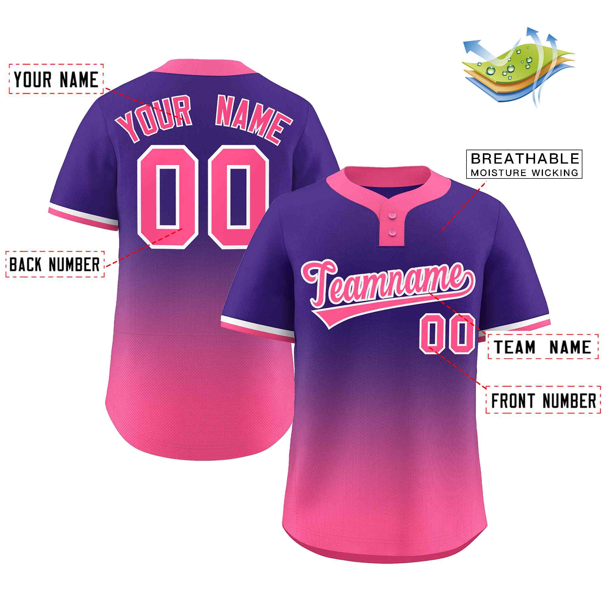 Maillot de baseball personnalisé à deux boutons, violet, rose, rose, blanc, dégradé, mode authentique