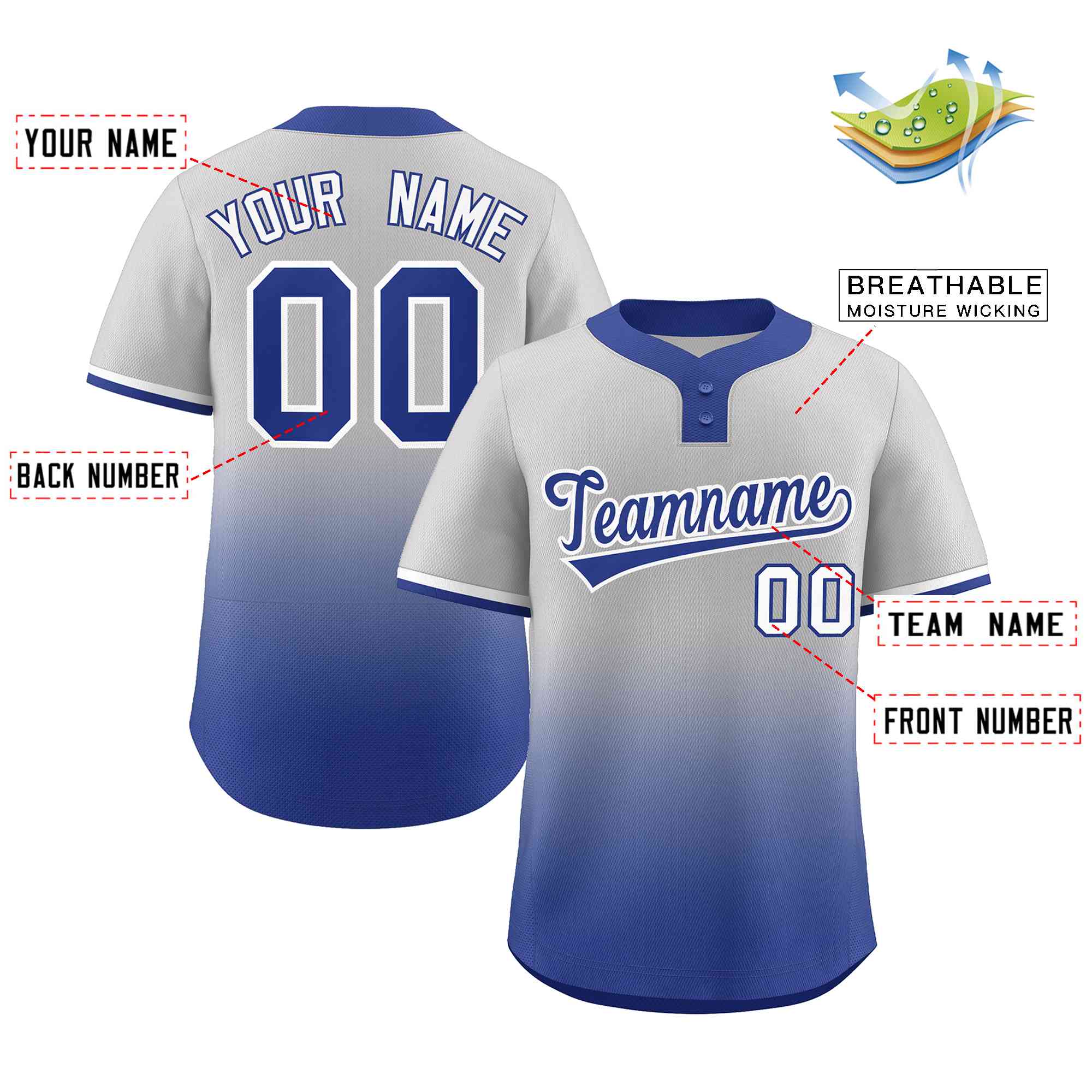 Maillot de baseball personnalisé à deux boutons, gris Royal Royal-blanc dégradé, mode authentique