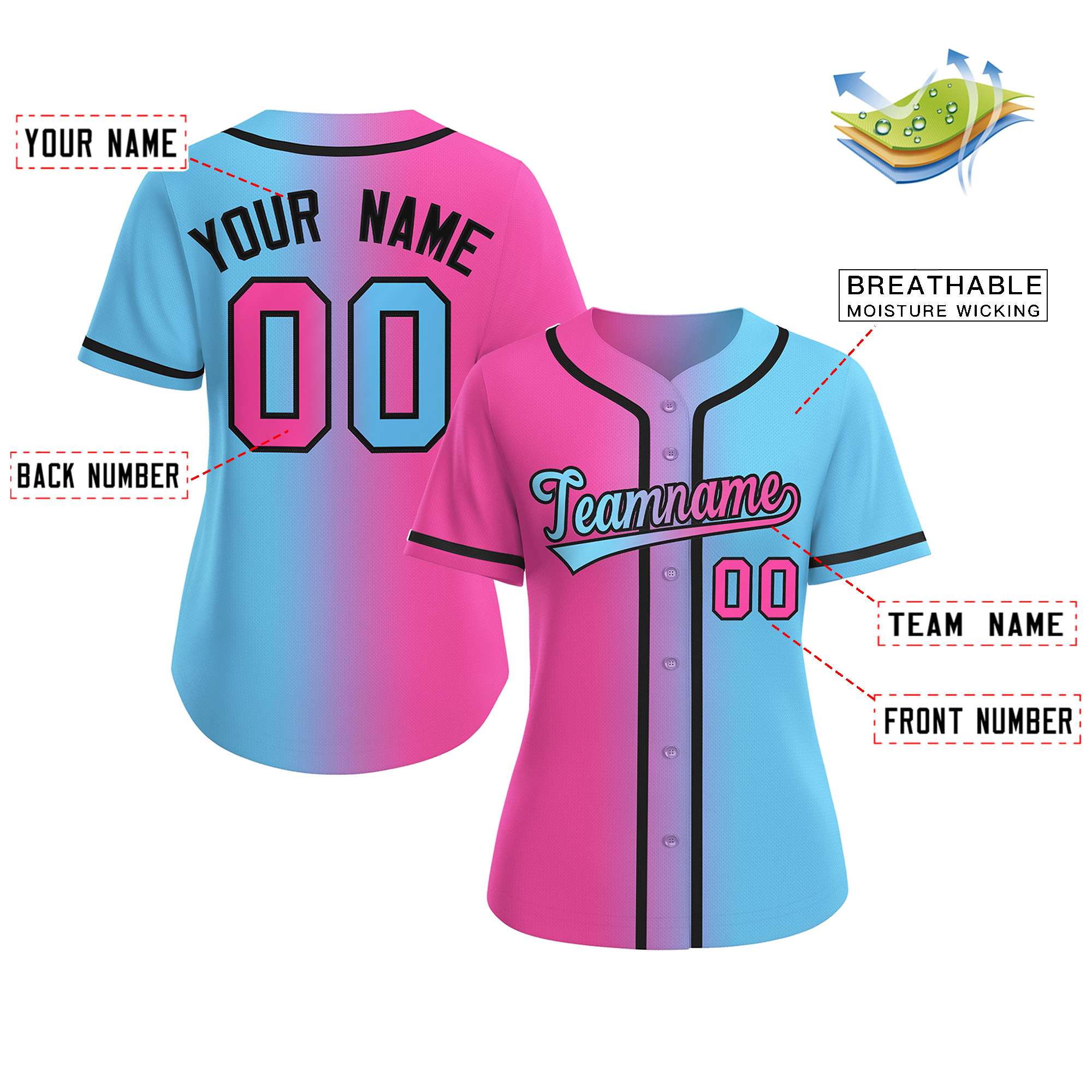 Custom Pink Light Blue-Black Gradient Fashion Baseball Jersey For Women