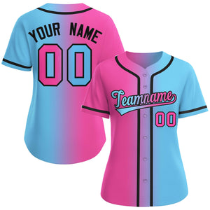 Maillot de baseball personnalisé rose bleu clair-noir dégradé de mode pour femmes