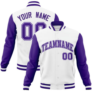 Veste Letterman Varsity Full-Snap personnalisée à manches raglan blanc violet-blanc