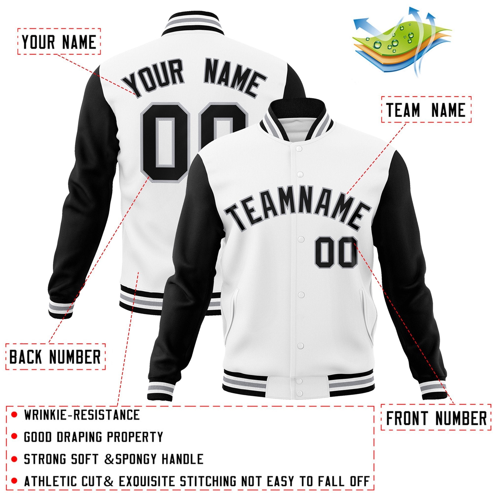 Veste Letterman Varsity Full-Snap personnalisée à manches raglan blanc noir-gris