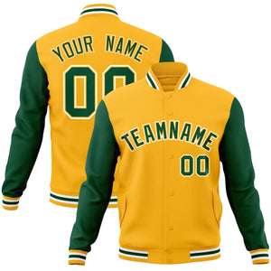 Veste Letterman Varsity Full-Snap à manches raglan personnalisées or vert-or