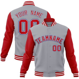 Veste Letterman Varsity Full-Snap à manches raglan personnalisées gris rouge-blanc