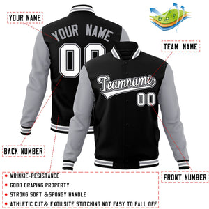 Veste Letterman Varsity Full-Snap à manches raglan personnalisées noir blanc-noir