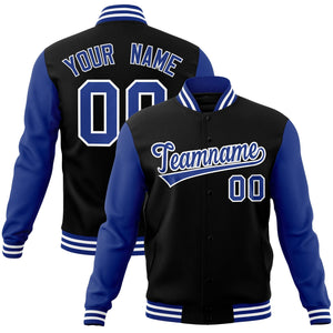 Veste Letterman Varsity Full-Snap à manches raglan noires et blanches personnalisées