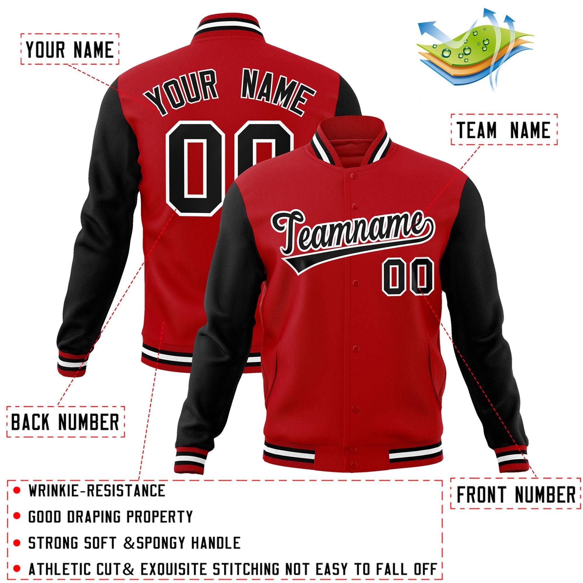 Veste Letterman Varsity Full-Snap à manches raglan rouge noir-blanc personnalisée