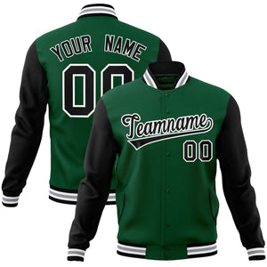 Custom Green Black-White Raglan Sleeves Varsity Full-Snap Letterman Jacket