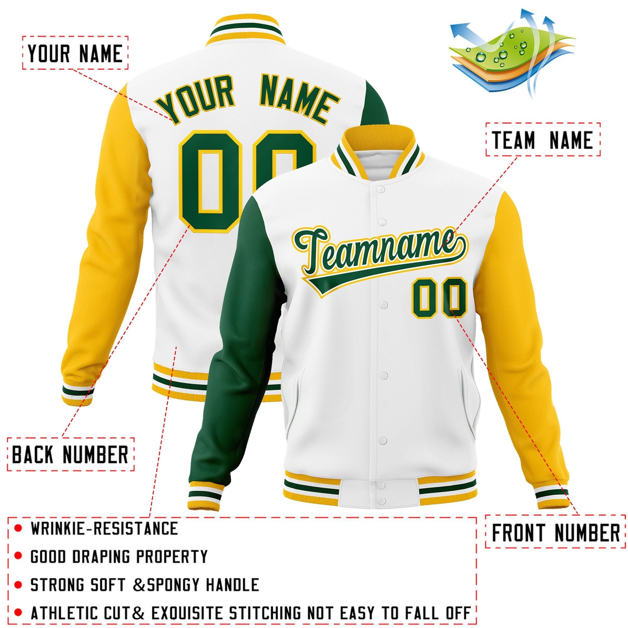 Veste Letterman Varsity Full-Snap personnalisée à manches raglan blanc vert-blanc