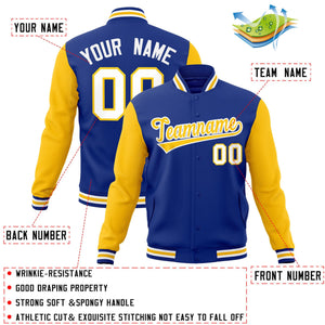 Veste Letterman Varsity à manches raglan personnalisées Royal Gold-White