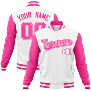 Veste Letterman Varsity Full-Snap à manches raglan blanc rose-blanc personnalisée