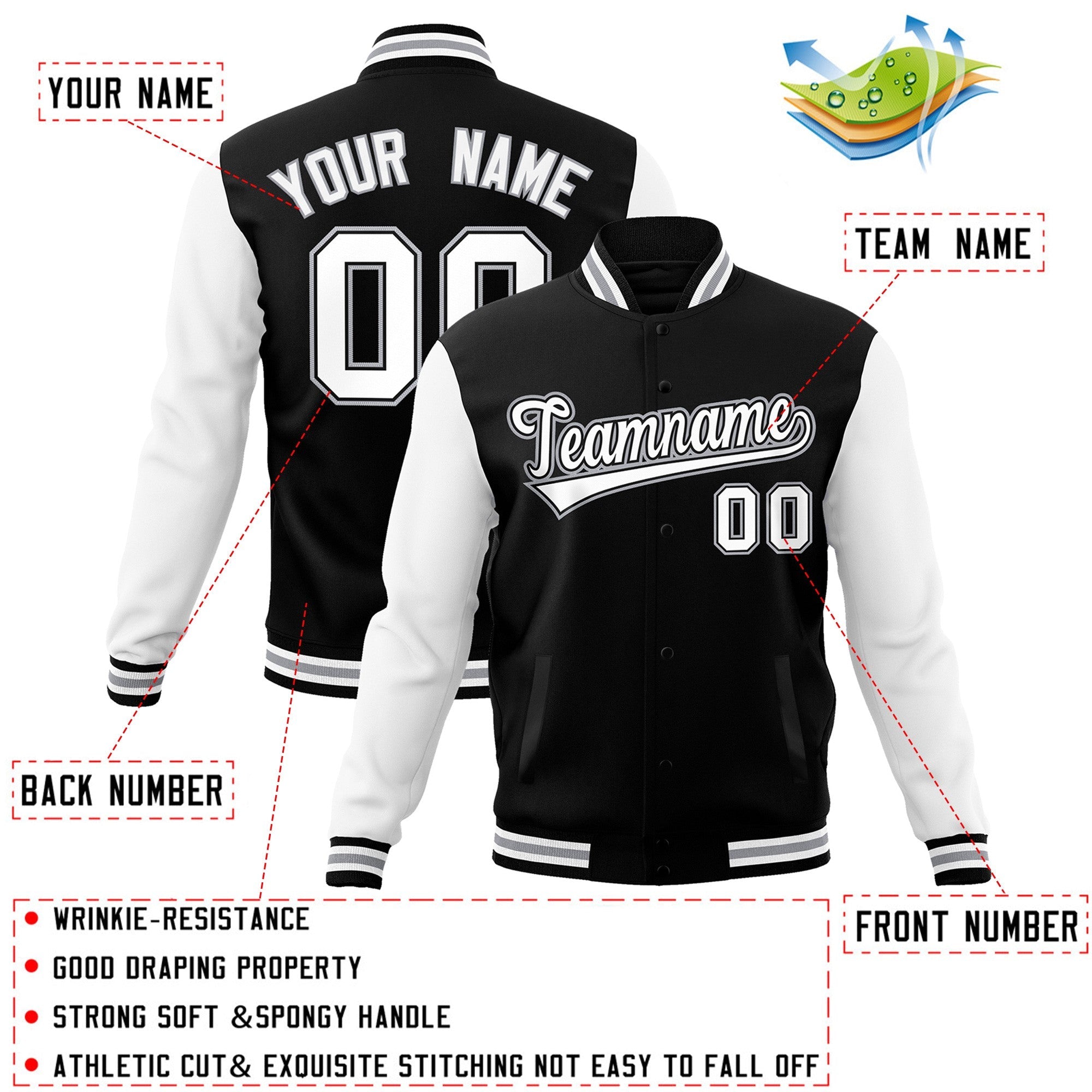 Veste Letterman Varsity Full-Snap à manches raglan personnalisées noir blanc-noir