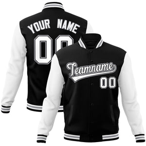 Veste Letterman Varsity Full-Snap à manches raglan personnalisées noir blanc-noir