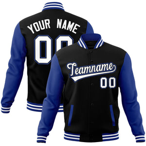 Veste Letterman Varsity Full-Snap à manches raglan personnalisées noir blanc-noir