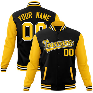 Veste Letterman Varsity Full-Snap à manches raglan personnalisées noir or-noir