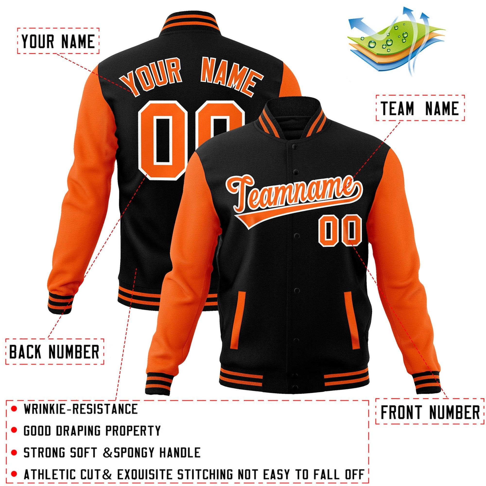 Veste Letterman Varsity Full-Snap personnalisée à manches raglan noir orange-blanc