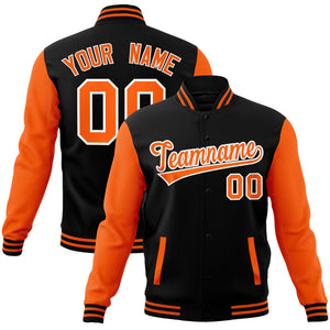 Veste Letterman Varsity Full-Snap personnalisée à manches raglan noir orange-blanc