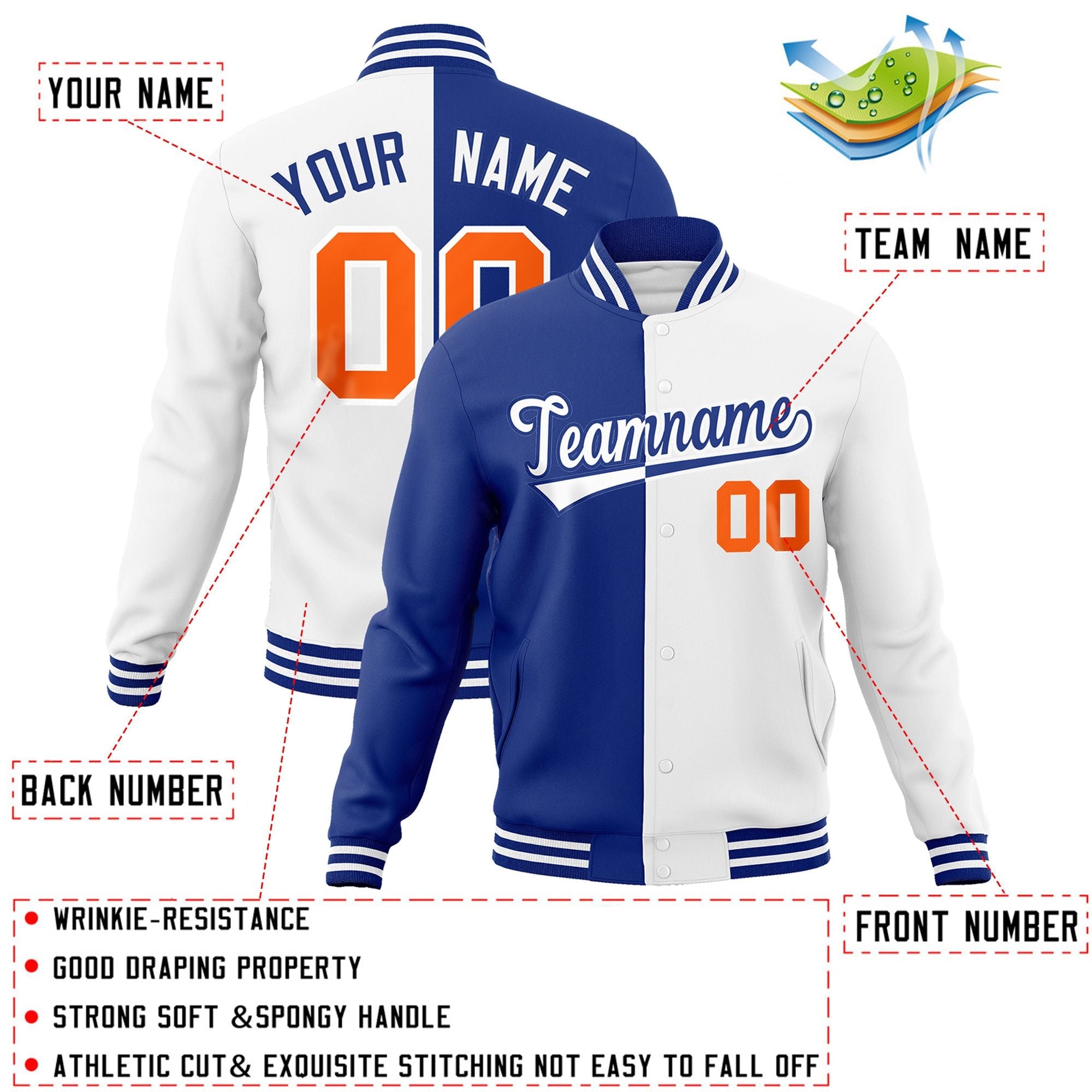 custom white and royal blue full-snap varsity bomber jackets for teams