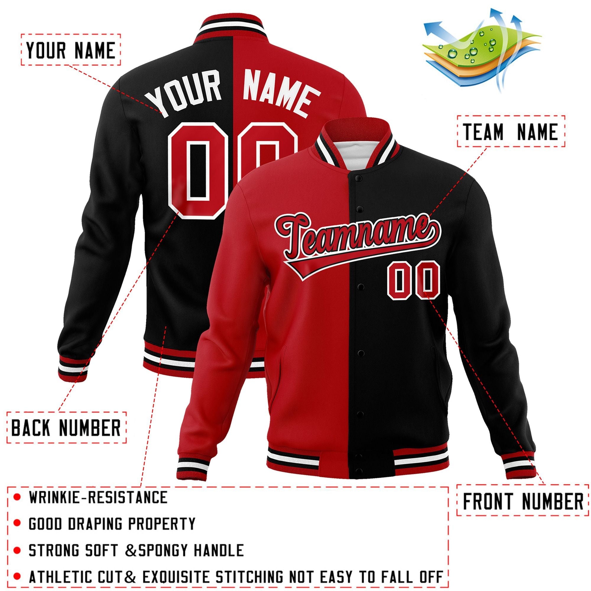 Veste de mode fendue bicolore personnalisée rouge noir-rouge Varsity Full-Snap Letterman