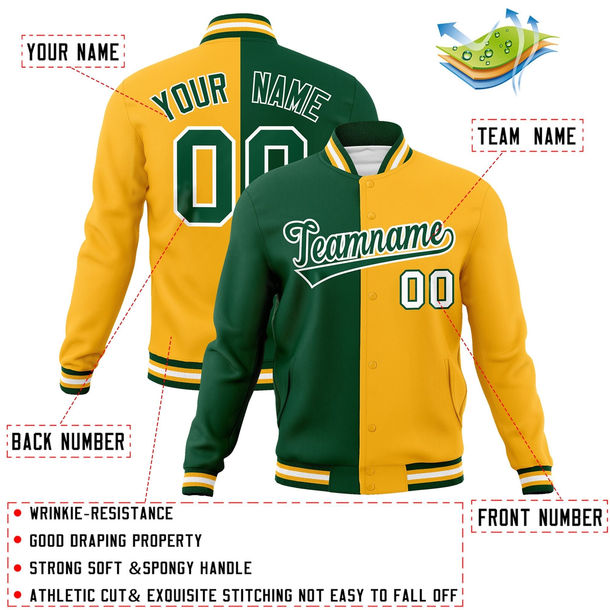 Veste de mode fendue bicolore personnalisée vert jaune-vert Varsity Full-Snap Letterman