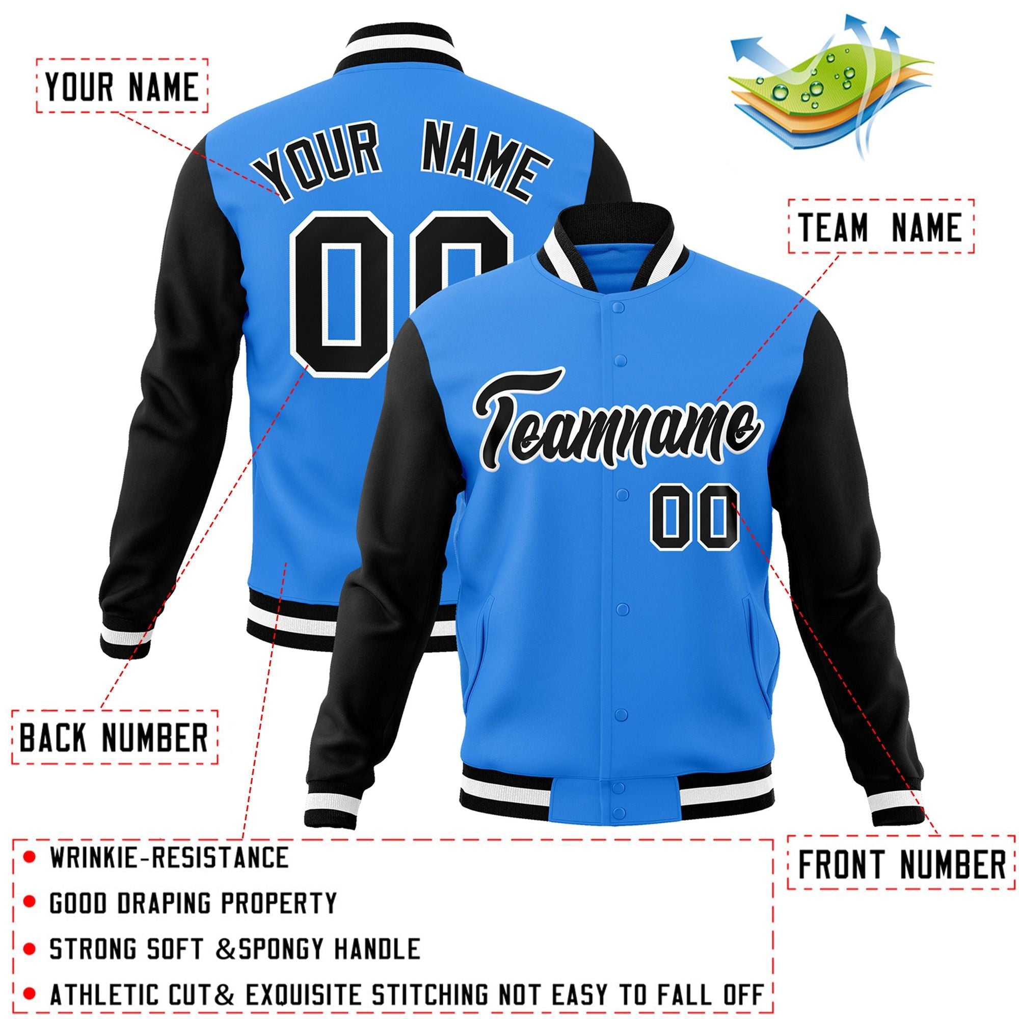 Veste Letterman Varsity Full-Snap à manches raglan bleu poudre personnalisée noir-blanc