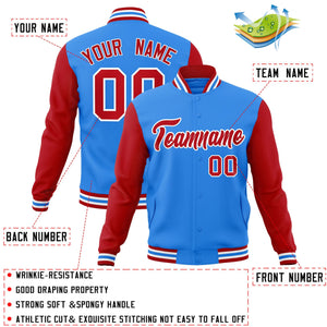 Custom Powder Blue Red-White Raglan Sleeves Varsity Full-Snap Letterman Jacket