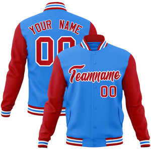 Custom Powder Blue Red-White Raglan Sleeves Varsity Full-Snap Letterman Jacket