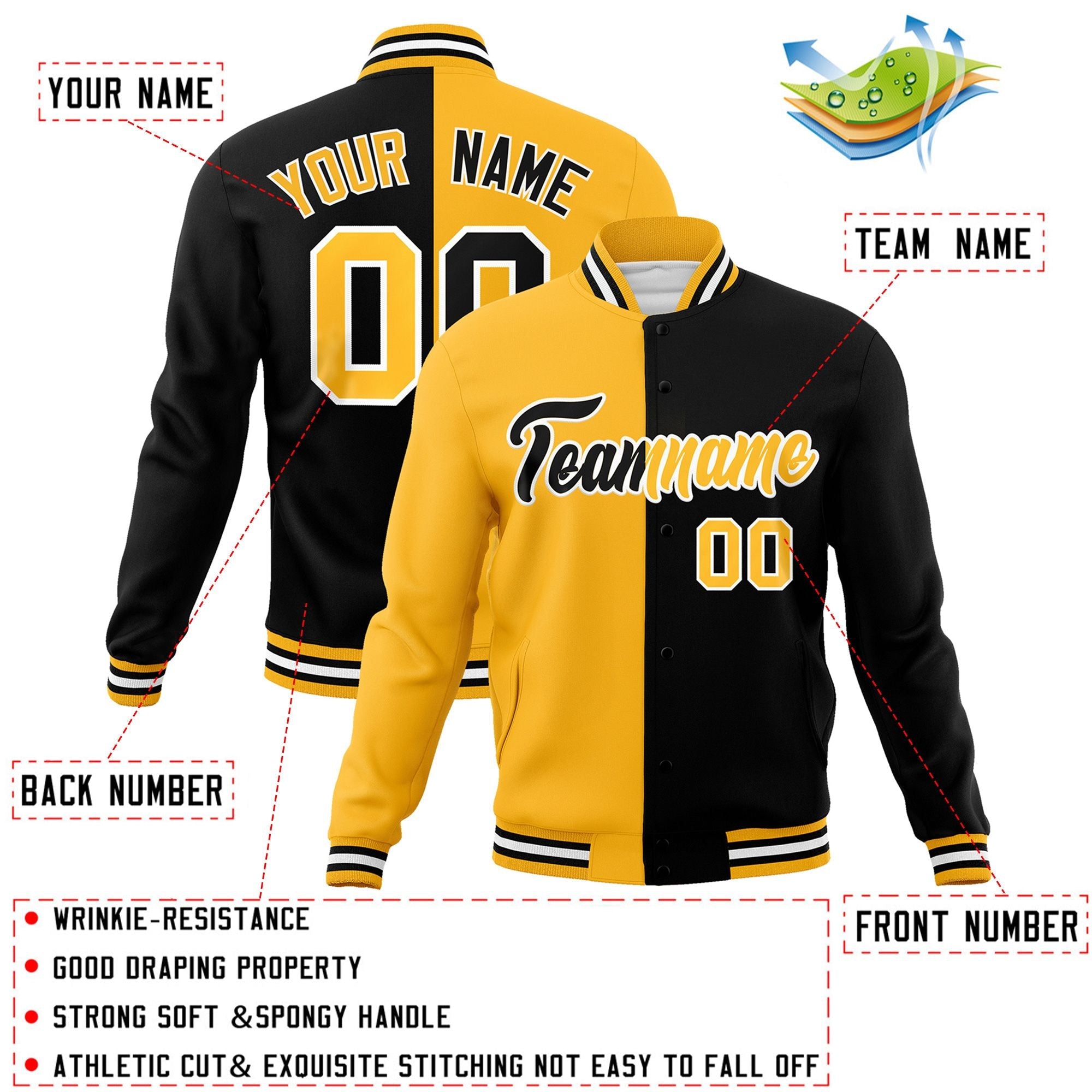 Veste de mode fendue bicolore personnalisée jaune noir-noir Varsity Full-Snap Letterman