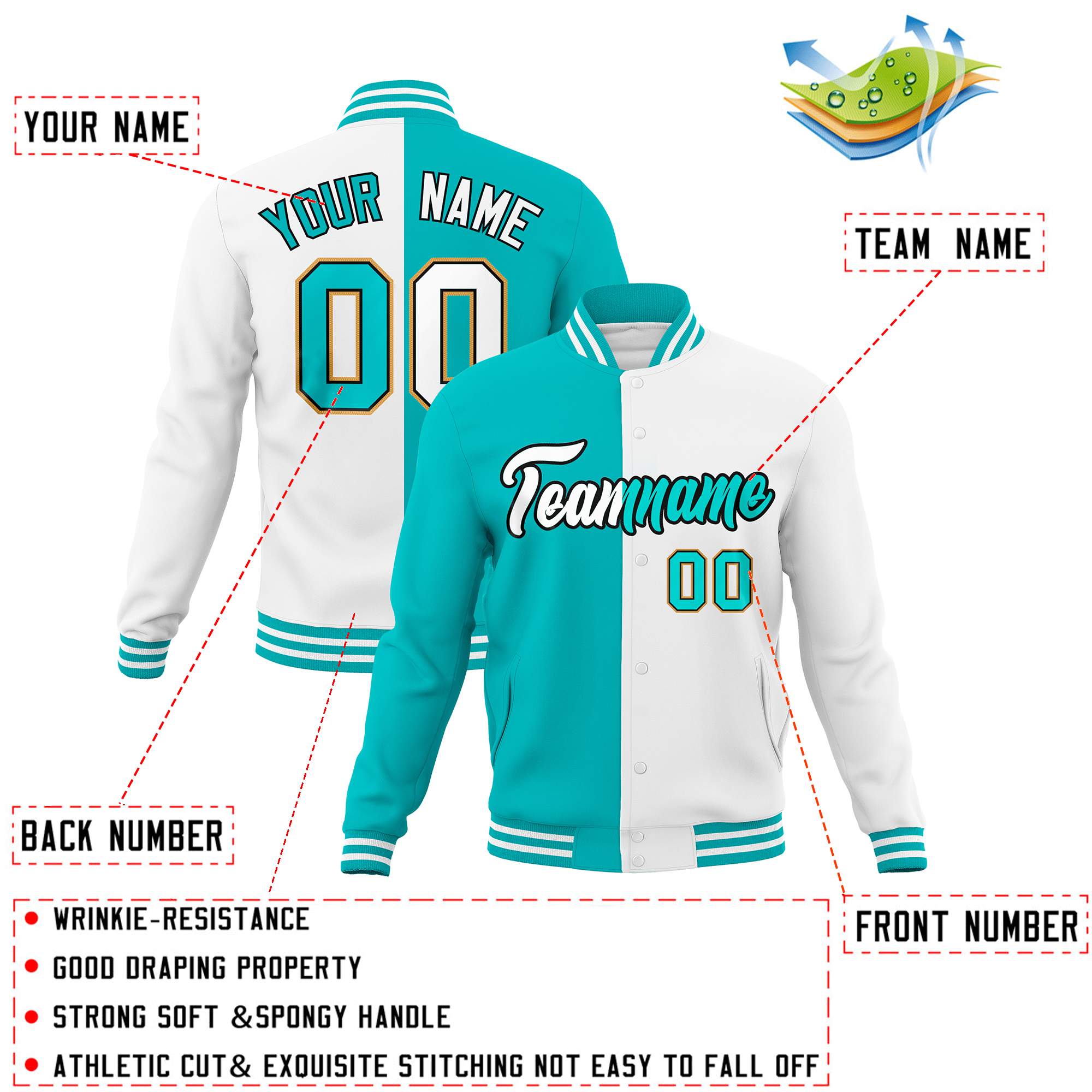 Veste de mode fendue bicolore personnalisée Aqua White Varsity Full-Snap Letterman