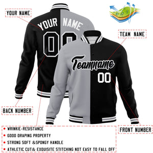 Veste de mode fendue bicolore personnalisée gris noir-noir Varsity Full-Snap Letterman