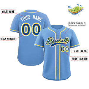 Maillot de baseball authentique de style classique bleu clair personnalisé jaune royal