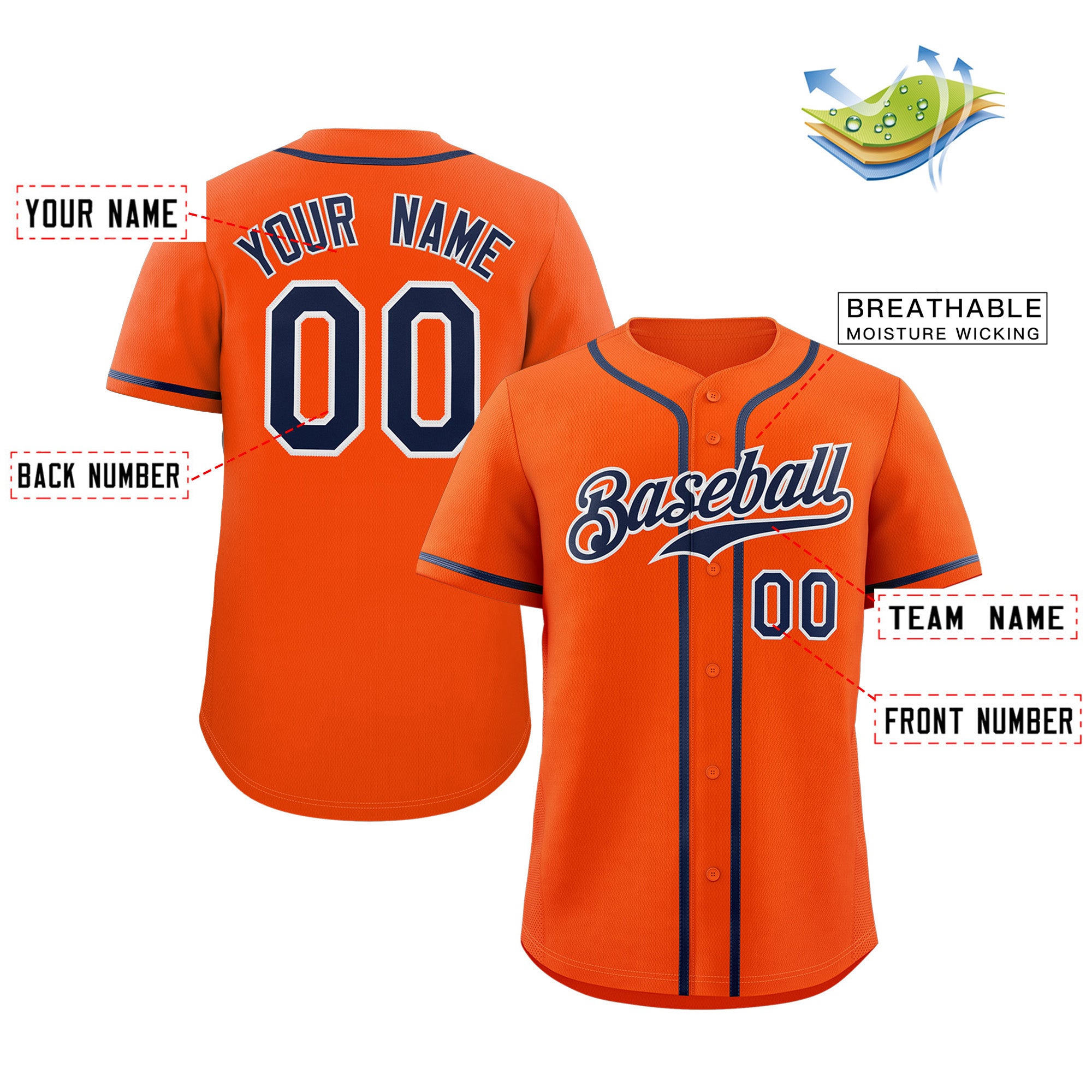 Maillot de baseball authentique de style classique orange marine-blanc personnalisé