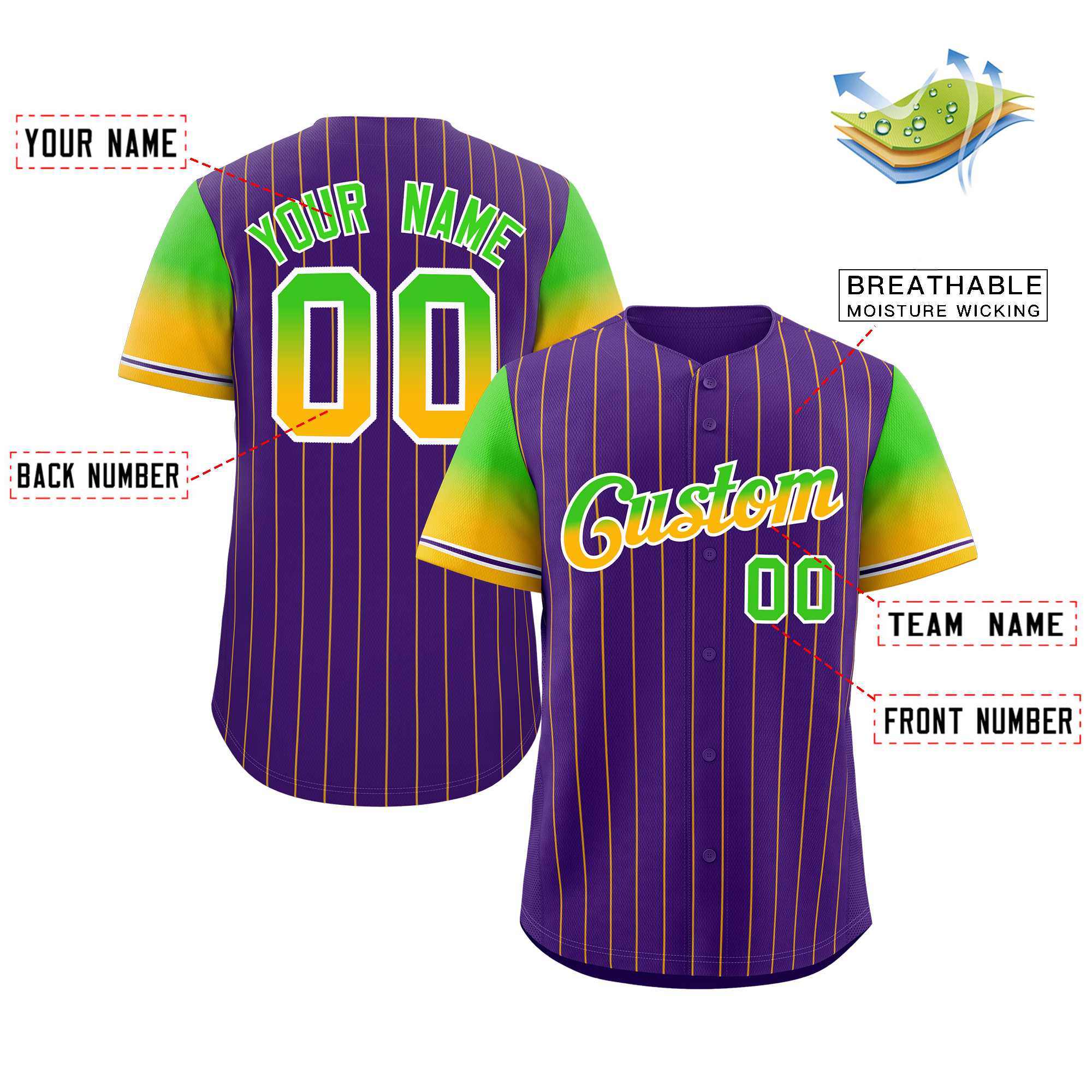 Maillot de Baseball personnalisé violet néon vert or-blanc à rayures, dégradé de police, mode authentique