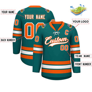 Custom Aqua White-Orange Lace-Up Neck Hockey Jersey