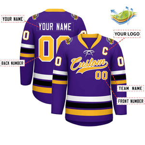 Custom Purple Yellow-White Lace-Up Neck Hockey Jersey