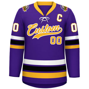 Custom Purple Yellow-White Lace-Up Neck Hockey Jersey