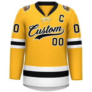 Custom Gold Black-White Lace-Up Neck Hockey Jersey