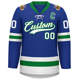 Custom Royal Kelly Green-White Lace-Up Neck Hockey Jersey