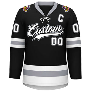 Custom Black White-Gray Lace-Up Neck Hockey Jersey