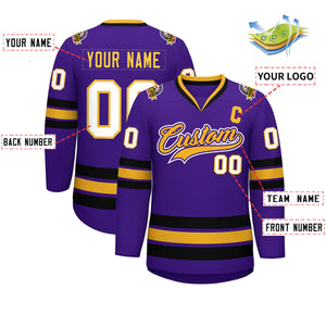 Custom Purple Gold Purple-White Classic Style Hockey Jersey