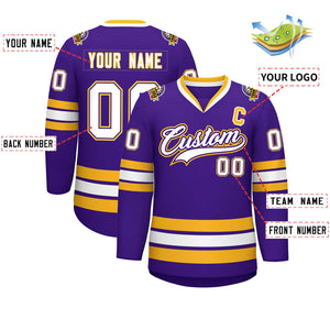 Custom Purple White Purple-Gold Classic Style Hockey Jersey